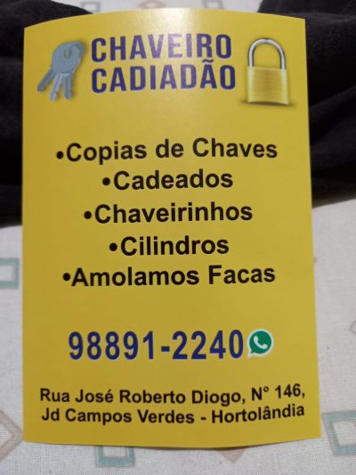 CHAVEIRO CADIADÃO – CÓPIAS DE CHAVES NO JARDIM CAMPOS VERDES EM HORTOLÂNDIA